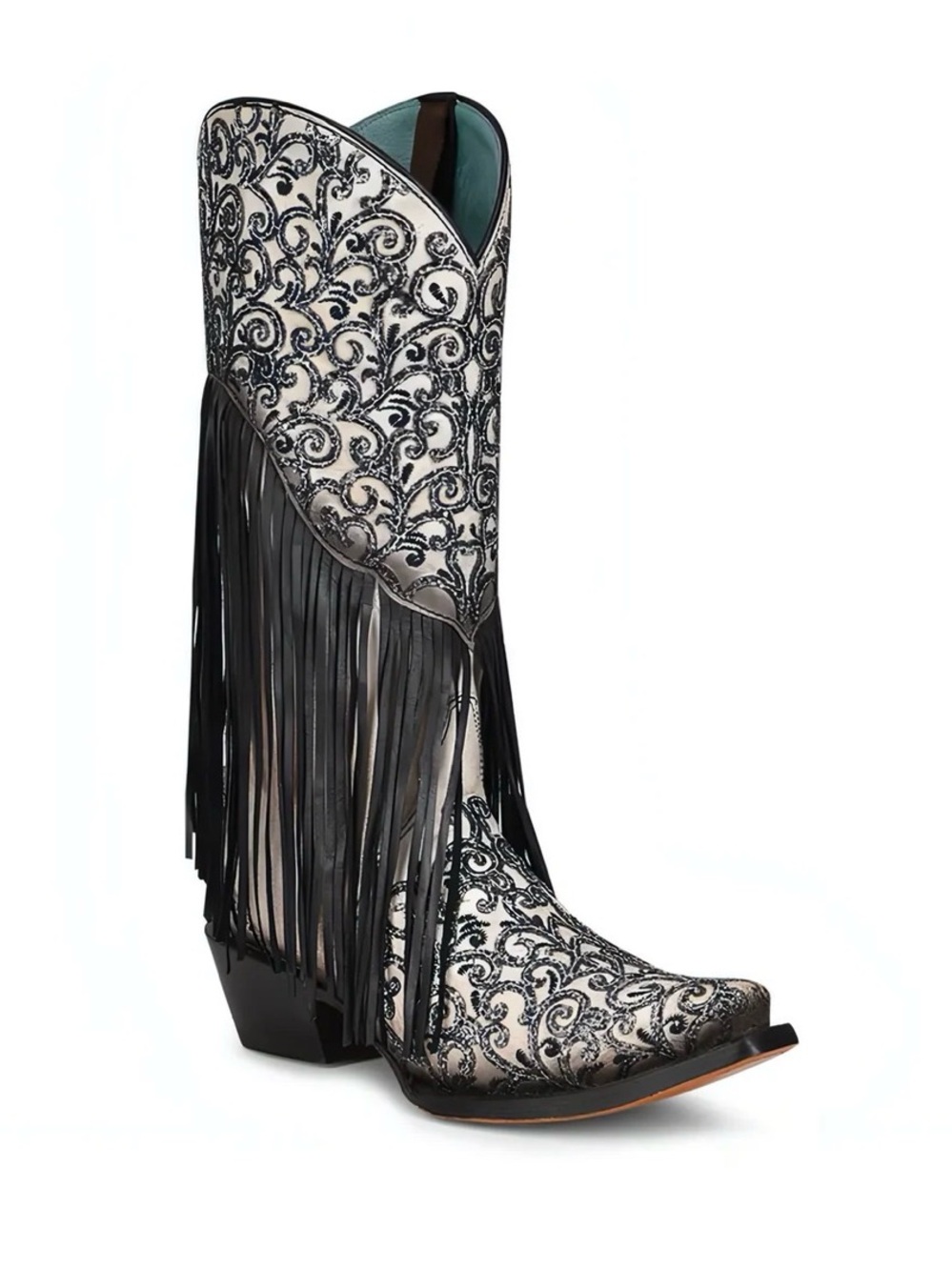 Corral White and Black Embroidered Fringe Heeled Cowboy Boots